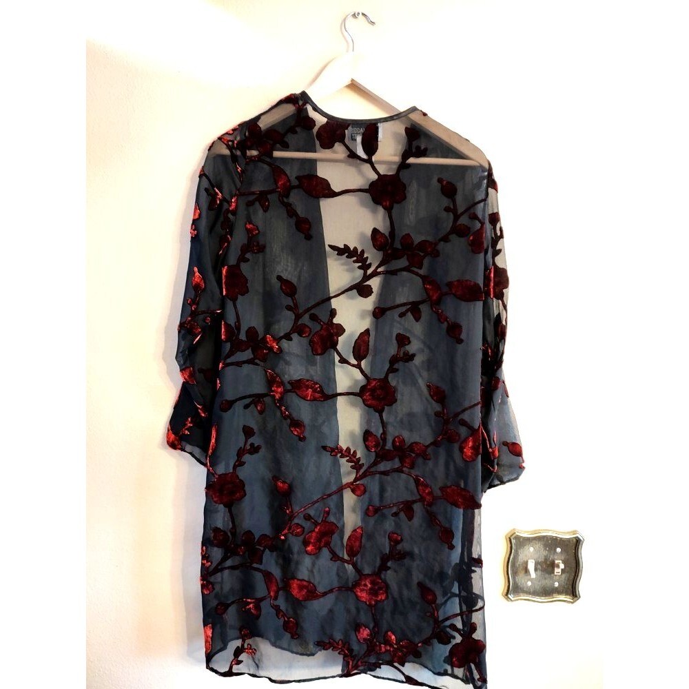Womens Maggie Sweet Burnout Black Sheer Cardigan with Red Velvet Flowers Size PS